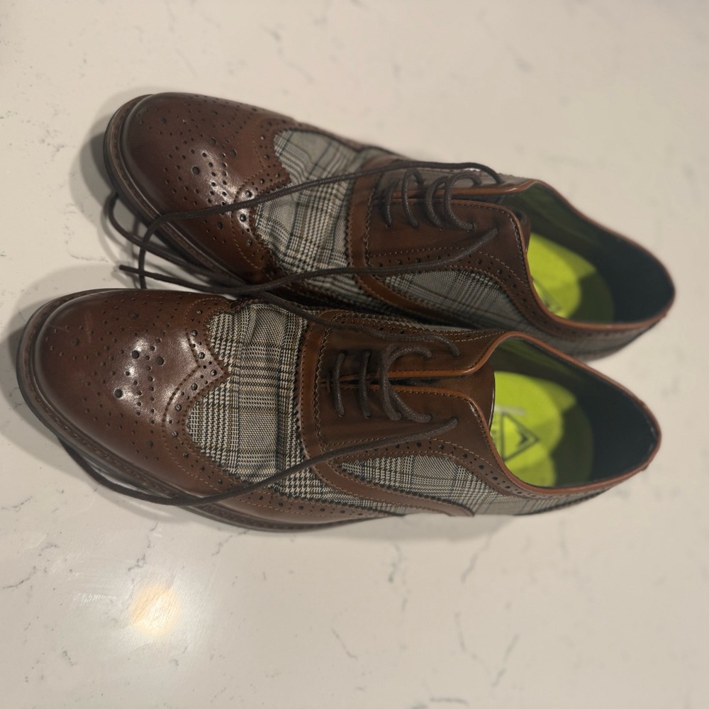 Vince Brown Leather & Gray Plaid Wingtip Oxfords